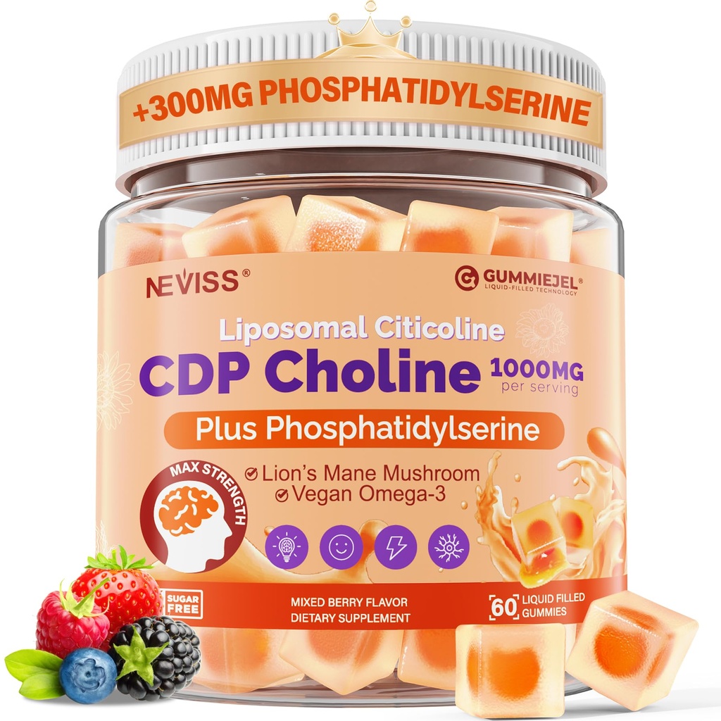 Citicoline 1000mg & Fosfatidylserine 300mg doplňky CDP Choline Gummies, Mozkový dodatek pro paměť a zaměření w / Lion je hříva, Omega33, Methylfolát, B6 & B12, Non- GMO, cukr zdarma, 60ct