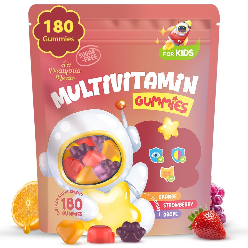 Děti Multivitaminové žvýkačky 180 Počet - Oko, Brain & Gut Support - Sugar- Free Vitamíny pro děti - s Luteinem, Omega-3 DHA & Prebiotika - 3 ovocné příchutě - věk 2 +
