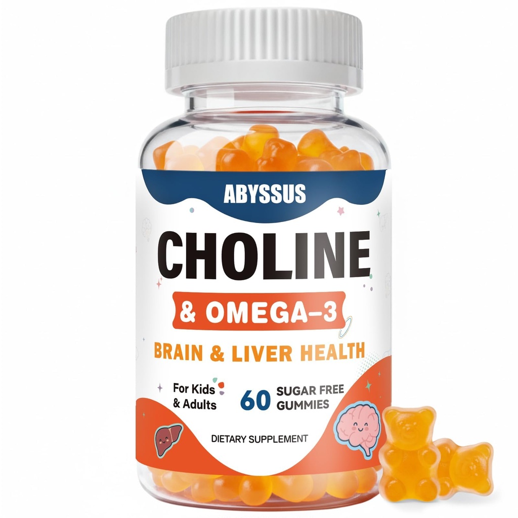 ABYSSUS Choline Gummies pro děti a dospělé, Cukr zdarma Choline Bitartate doplňky s Algal Omega-3 DHA EPA & Active B6 B12, Brain & Játra podpora, Vegan, 60 Počet