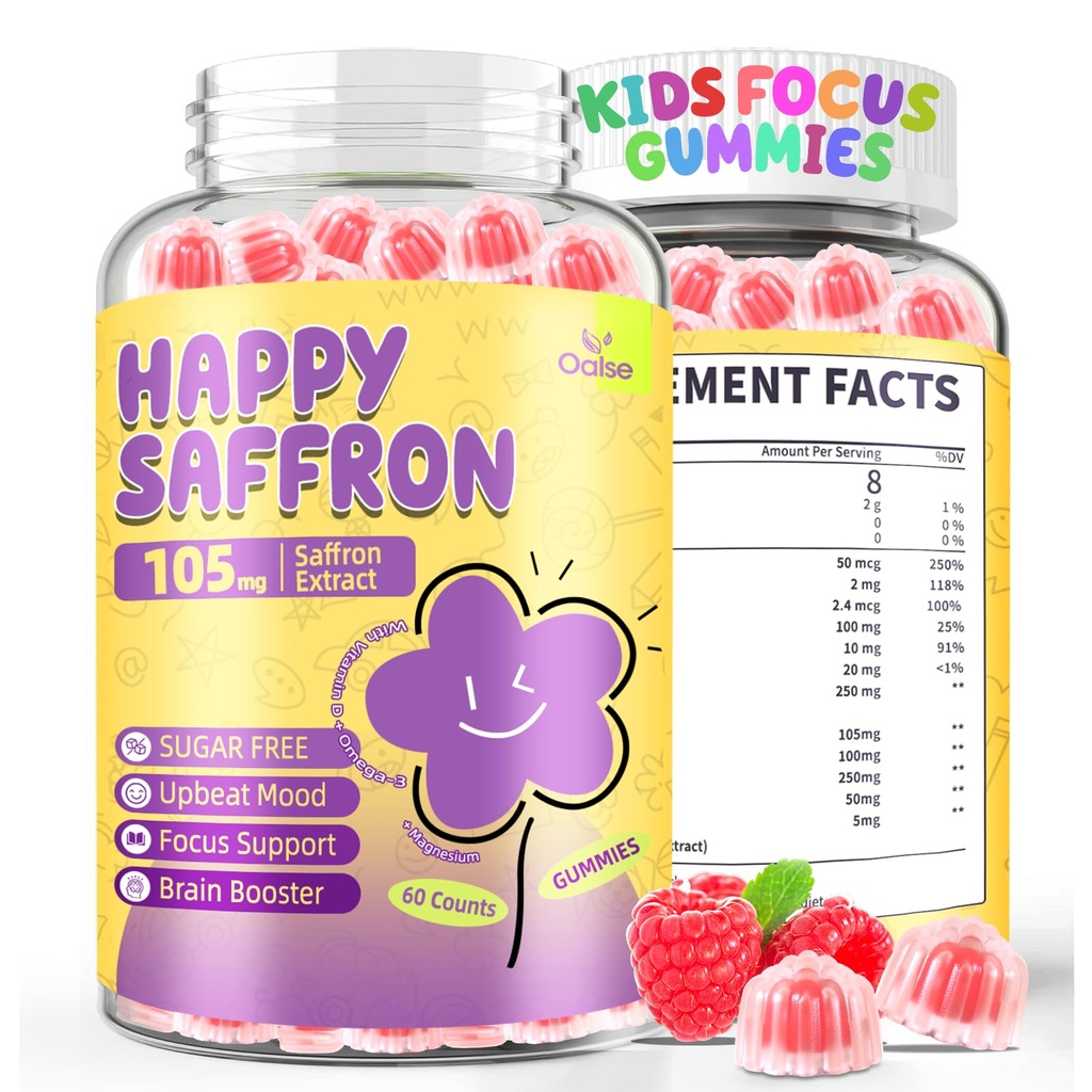 Saffron Gummies for Kids: Focus Supplement for Kids with Saffron Extract & Omega-3 Draslík - Happy Mood - Vegan, Sugar- Free
