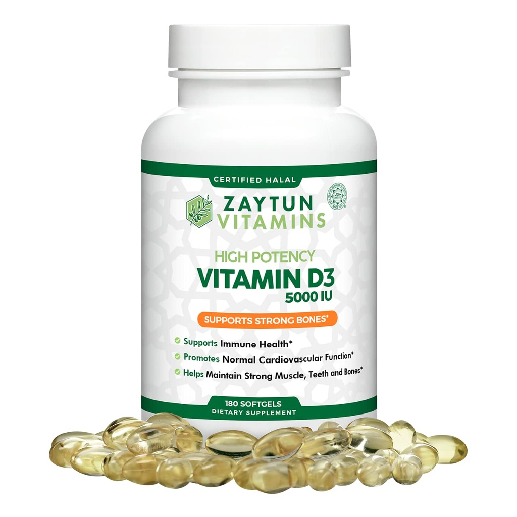 Zaytun Halal Vitamin D3 5000 IU, 180 Mini Softgels, Podporuje kosti, zdravé svalové funkce a imunita, Premium Vitamin D od Safflower Oil, 6 měsíců Dodávka, Non- GMO, Gluten- Free, Made in USA