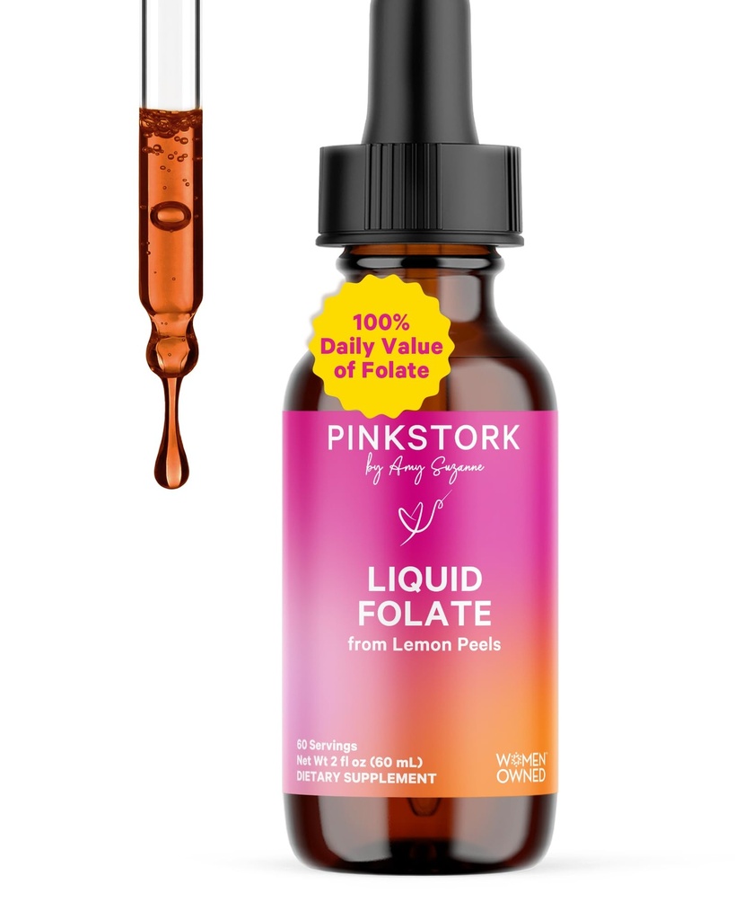 Pink Stork Liquid Folate Drops - 5-MTHF Methylfolát B9 Vitamin 124; Liquid Folic Acid Alternative for Fome124; Prenatal Folate, Non- GMO, Vegan, Sublingual Methylfoláte Supplementary 124; 2 fl oz