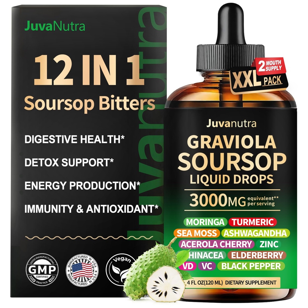 (4 Fl Oz) Soursop Bitters Liquid Drops 12 in 1 with Sea Moss, Moringa, Turmeric, Echinacea & Ashwagandha Extract - Bylinné Tonic for Digestive Wellness & Immunication Support