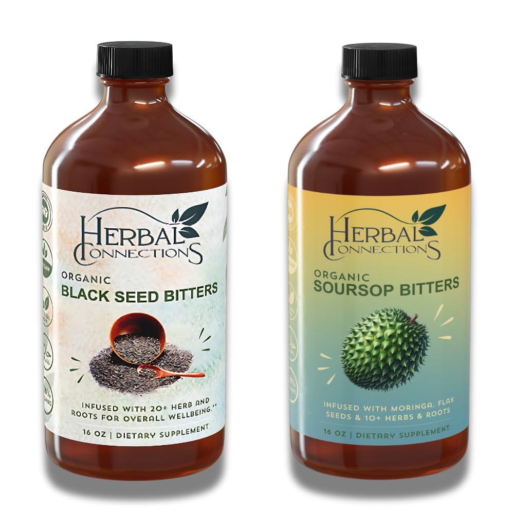 Bylinné spojky Organic Soursop & Black Seed Bitters Bundle - Přírodní Plant- Based Ingredients for Gentle Detox & Digestive Health Two Bottles, 32 Ounces (16 Ounces Each), 64 Servings