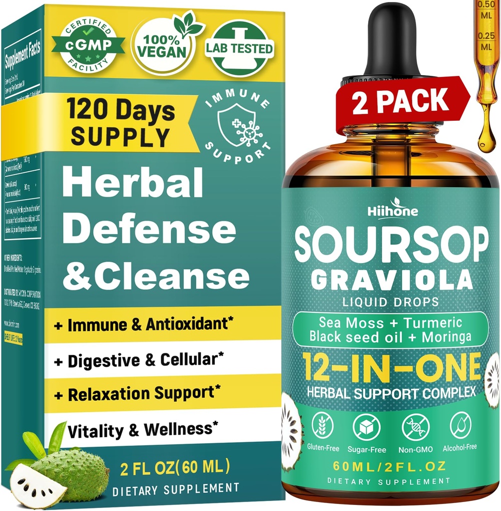 HIIHONE (2 Pack) 12- in-1 Soursop Bitters kapalné kapky s mořským Moss, Black Seed Oil, Moringa pro buněčnou podporu a regeneraci, imunita, játra, Gut & Antioxidant - 2 Fl Oz