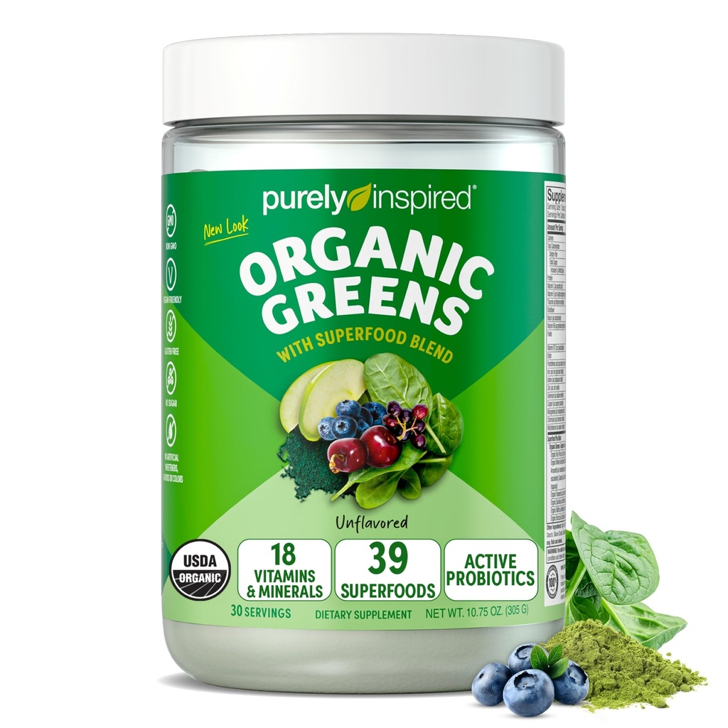 Čistě inspirované organické zelené Powder Superfood Smoothie Mix, bez příchutí (30 Servings) - Super zelené s probiotika, Spirulina & Chlorella pro Gut & Digestive Health - Vegan