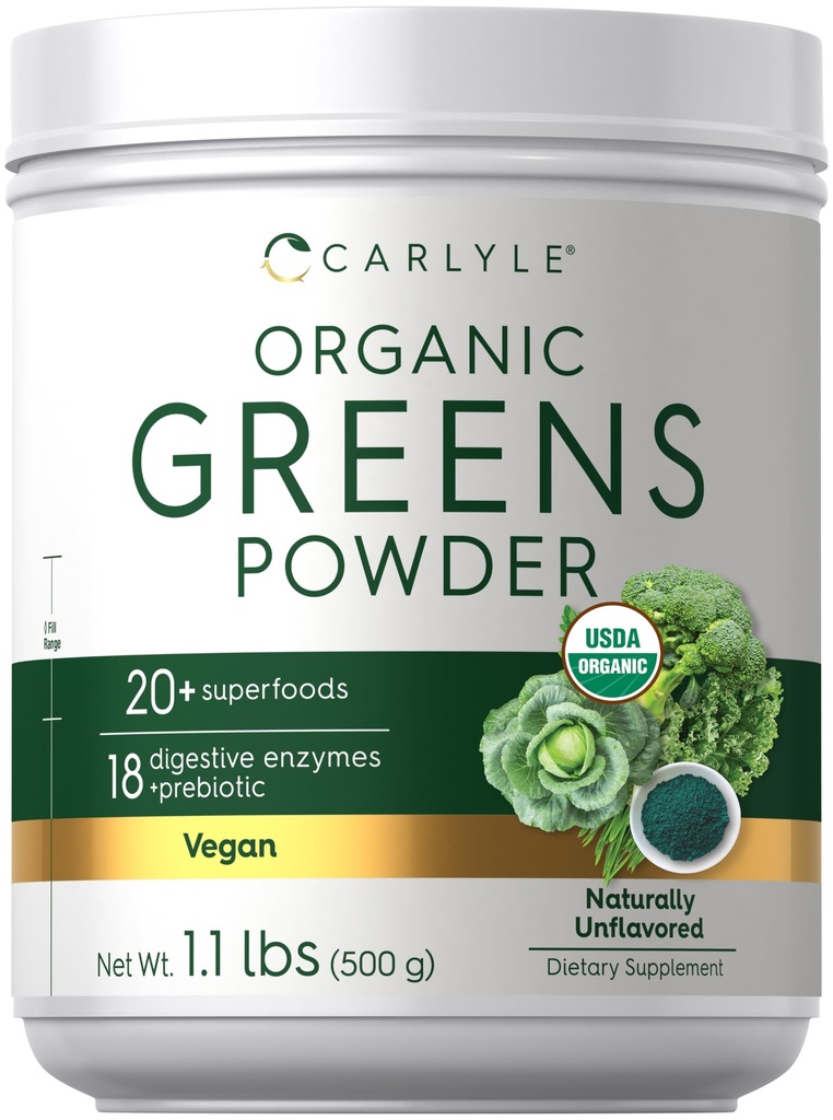 Carlyle Organic Greens Powder 124; 17.6 oz Dodatek 124; Relieves Occasional Gas, diskomfort & Bloating CLAS124; s 20 + Superfoods, 18 stravovacích enzymů, a Prebiotics 124; Vegan, Non- GMO a gluten zdarma