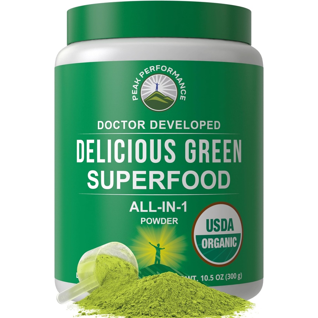 Peak Performance Organic Greens Superfood Powder. Nejlepší Ochutnávání Super Green Powder s 25 + organické ingredience pro Max Energy a Athletic Performance. Vegan Keto Green Juice Denní drink