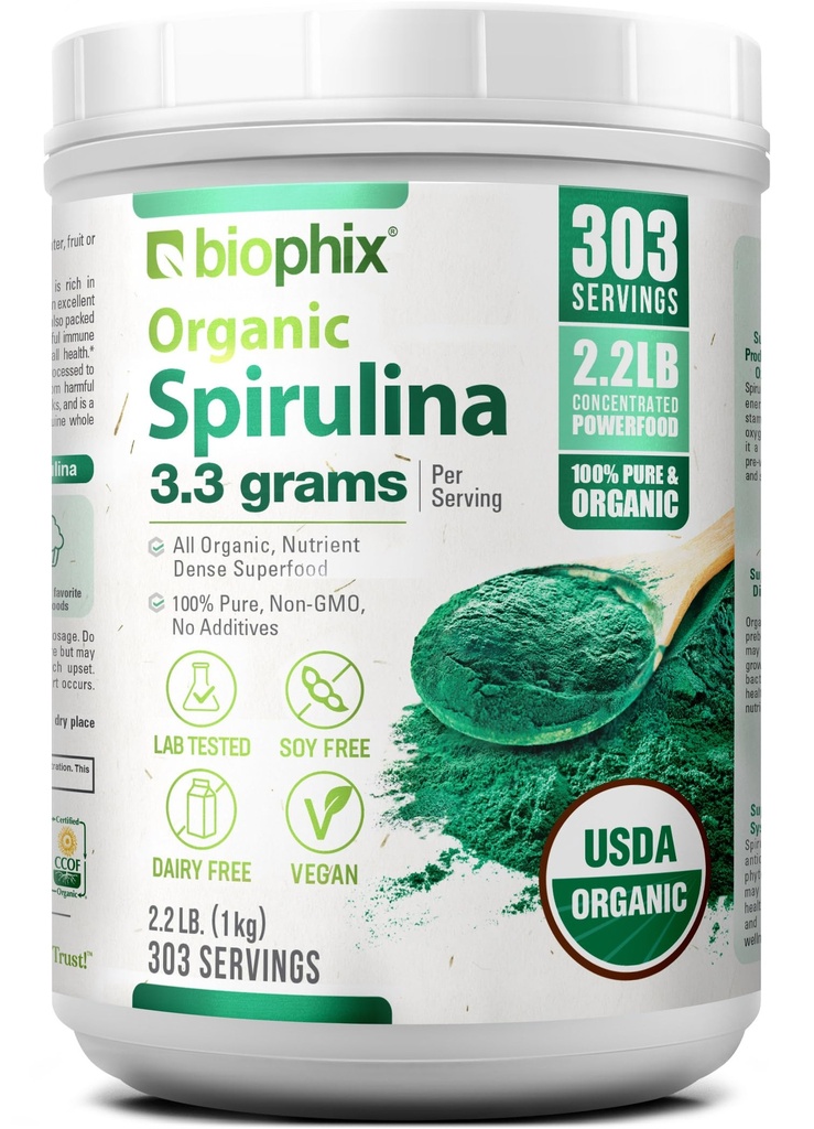 biophix Organic Spirulina Powder, 2.2 Lbs 100% Pure Spirulina Blue Green Algae Powder, Vegan, Non GMO, Non- Ozářené, USDA Certified, Nejlepší protein Superfood