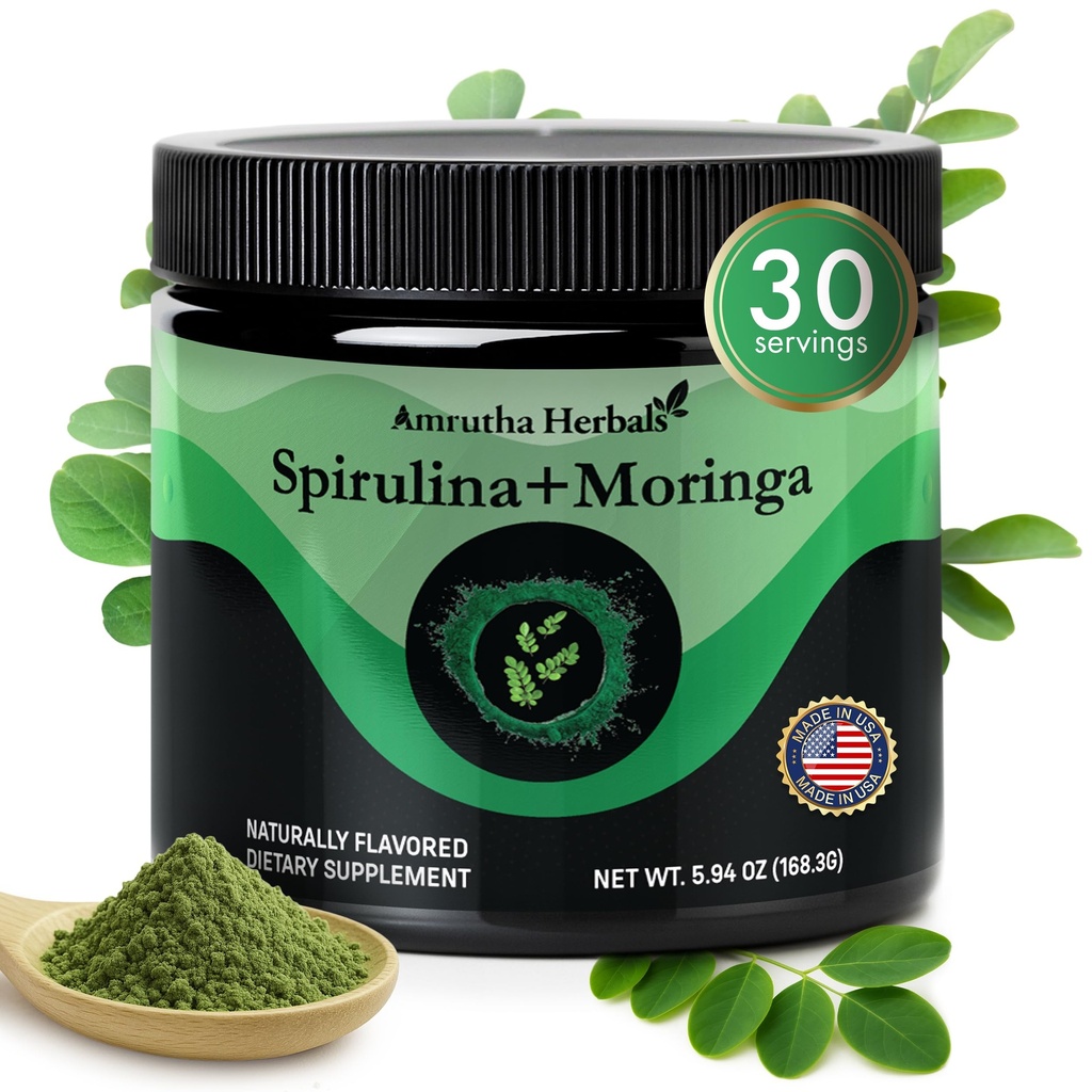 Organic Spirulina + Organic Moringa Green Powder, gluten- Free, Vegan Friendly, Detox & Digest, Superfoods 30 Servings Made in USA