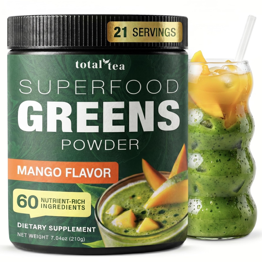 Celkový čaj Super Zelené Powder Dodatek, Zelené, Ovoce, Zelenina, Veganský nápoj se Spirulina, Chlorella a Vitamíny 25 Služeb - Mango