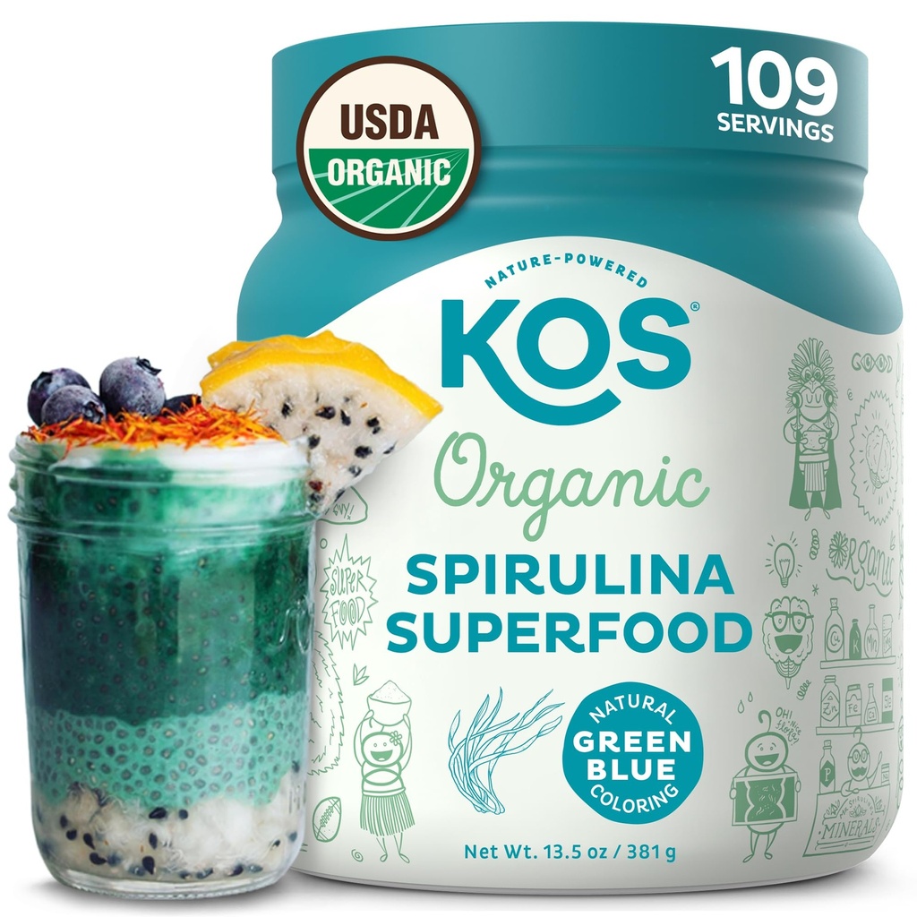 Kos Organic Spirulina Powder - USDA Certified Organic, 109 Servings of Superfood Powder for Smoothies & Juices, Non-Iradiated Blue Green Algae, Plant based with Antioxidants, Vegan (13.5oz)