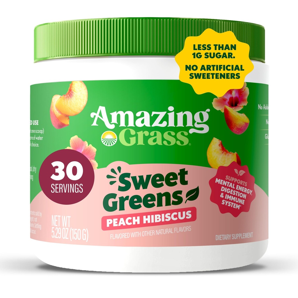 Amazing Grass Sweet Green and Superfoods Powder for Digestive Health, Green Powder, Digestive Enzymes, Probiotika, Spirulina, Chlorella, Peach Hibiscus, 30 Služeb