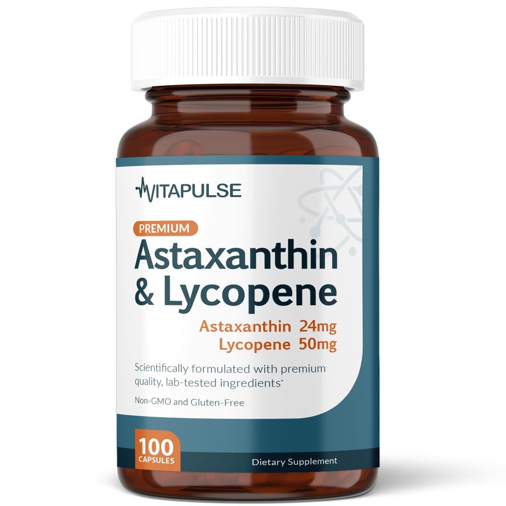 Astaxanthin 24 mg s Lycopene 50mg dodatek, 100 Vegetariánských kapslí, Non- GMO, gluten zdarma
