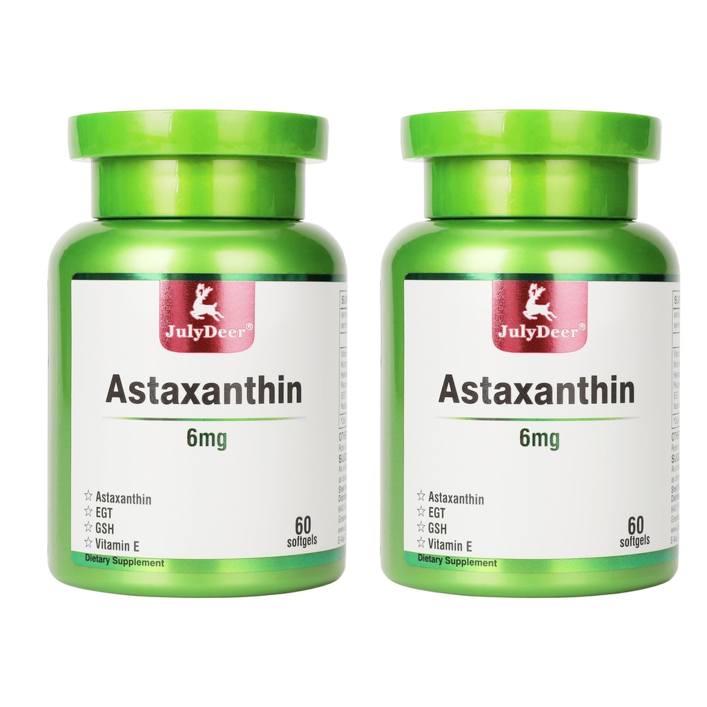 JulyDeer 2 Lahvičky Astaxanthin 6 mg s Nikotinamidem Vitamin E Premium Antioxidant dodatek EGT GSH - pro pleť, oko, kloub a imunitní systém Zdraví buněk Zdraví a energie 5 v 1-120 Softgels