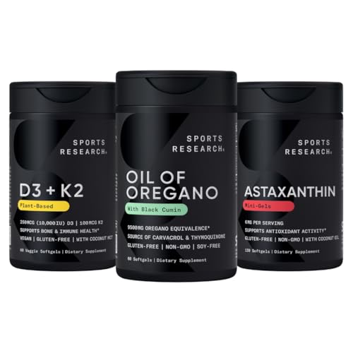 Sports Research ® Antioxidant Support Pack - Oil of Oregano 9500mg + Vitamin D3 K2 5000iu + Triple Strength Astaxanthin