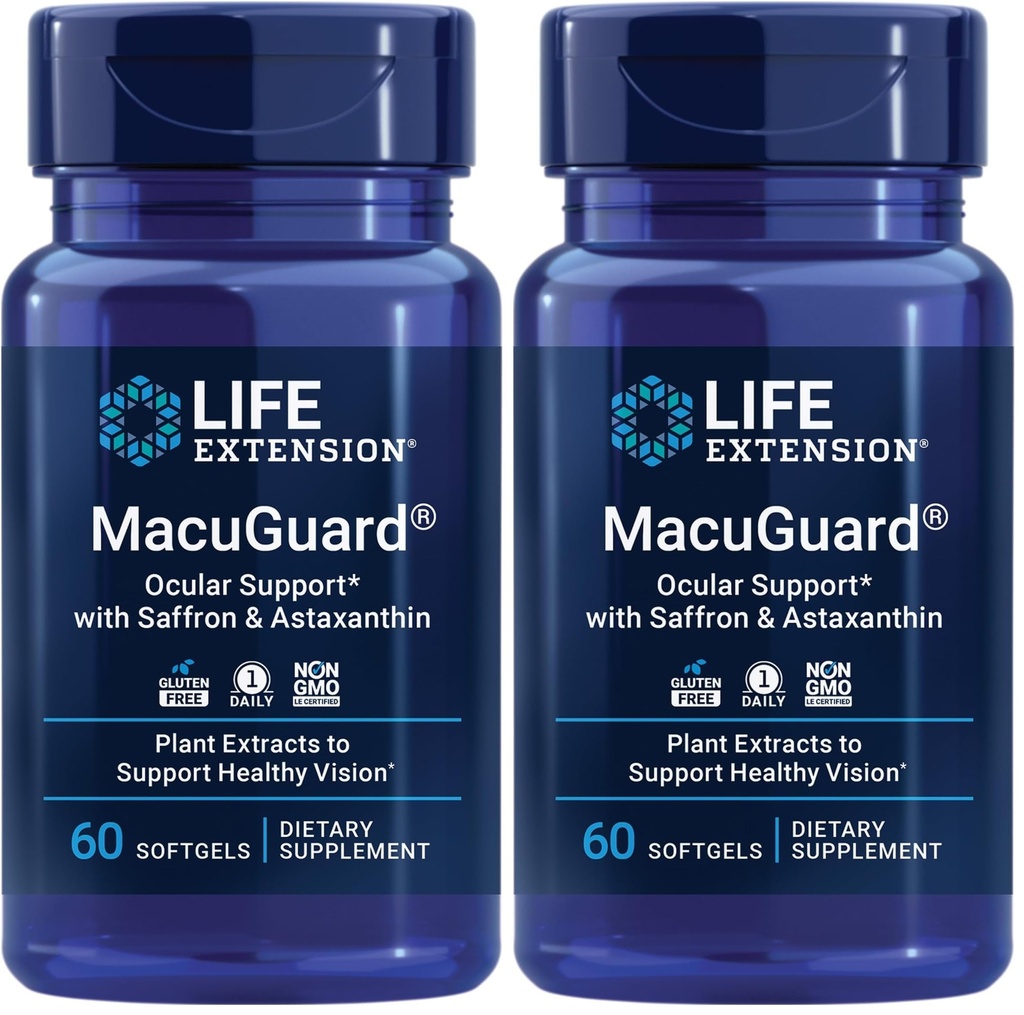 Life Extension MacuGuard Ocular Support with Saffron & Astaxanthin - Eye Health Supplement for Health Vision - with Lutein, zeaxanthin, Meso-zeaxanthin - Gluten- Free, Non-GMO - 60 softgels