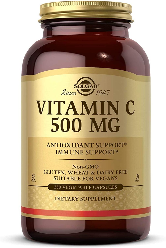 Solgar Vitamin C 500 mg, 250 Zeleninové kapsle - Antioxidant & Imunitní podpora - Celkové zdraví - Podporuje zdravou pleť & Spojky - Non- GMO, Vegan, gluten zdarma, Kosher - 250 Služeb