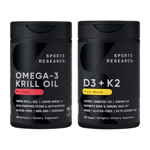 Sports Research ® Multivitamin Pack - Omega33 Krill Oil 500mg w / Choline, Fosfolipidy & Astaxanthin a Vitamin K2 & Vegan D3 5000iu s kokosem MCT Oil - Non- GMO · Gluten zdarma