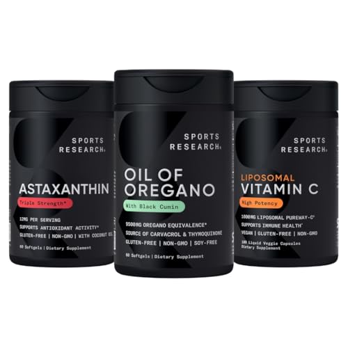 Sports Research ® Antioxidant Support Pack - Oil of Oregano 9500mg + Triple Strength Astaxanthin 12mg + Lipozomální vitamin C Supplement 1000 mg