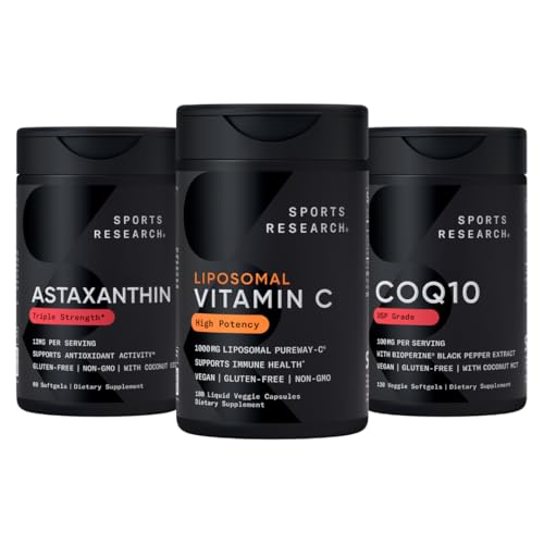 Sports Research ® Antioxidant Support Pack - High potency Liposomální vitamin C dodatek 1000mg + Coenzym Q10 100mg + Triple Strength Astaxanthin 12mg w / Organic Coconut Oil