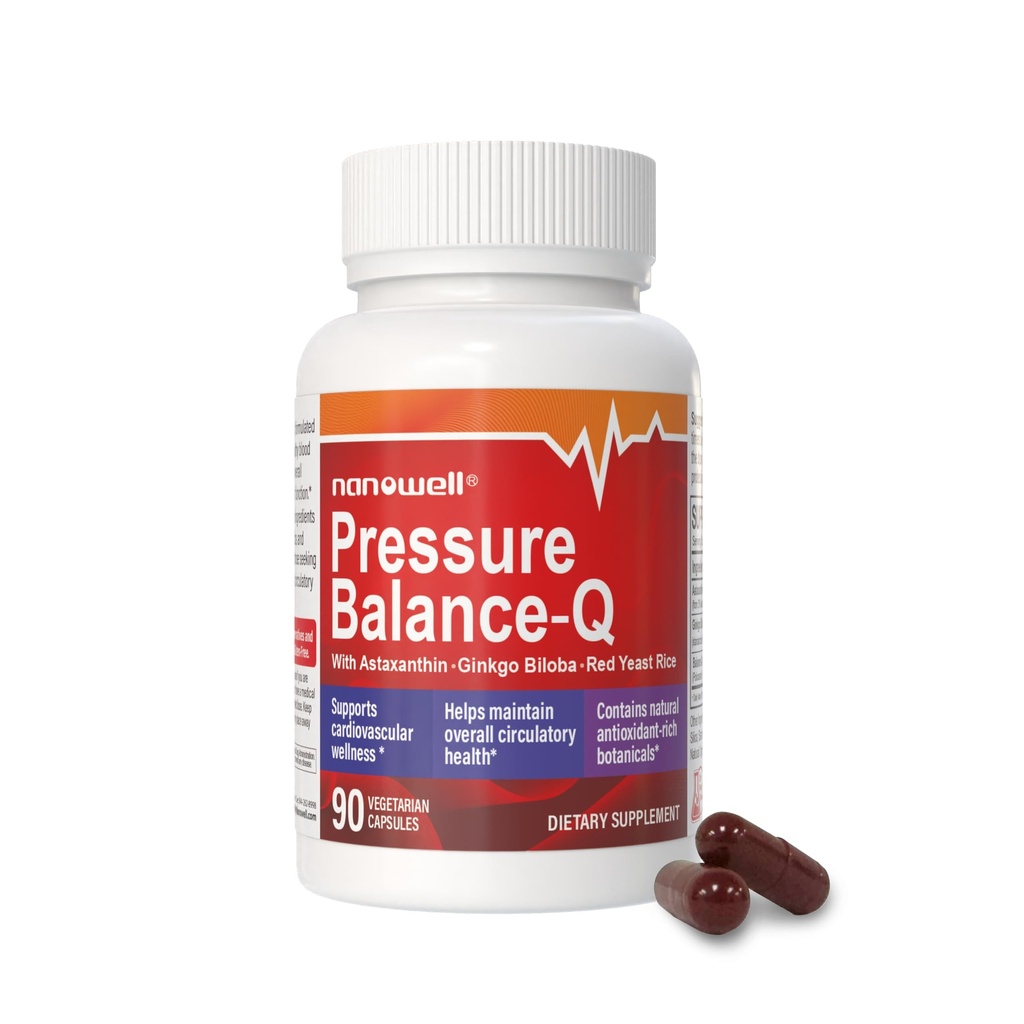 NANOWELL ® Pressure Balance-Q 124; Antioxidant Formule s přírodní non-GMO Astaxanthin 12 mg na kapsli, Ginkgo Biloba, Policosanol, Red Yeast Rice a Rosemary Extract 124; 90 Vegetariánské kapsle