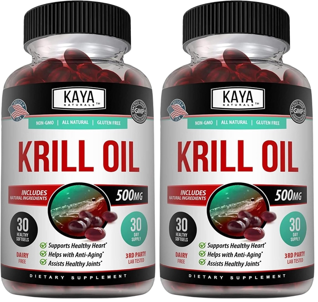 Kaya Naturals - Antarktický krilový olej 500 mg s Omega 3, EPA, DHA, fosfolipidy a astaxanthin dodatek - Brain & Health Vitamin - Anti Aging dodatek - 30 Count Softgels (Pack of 2)