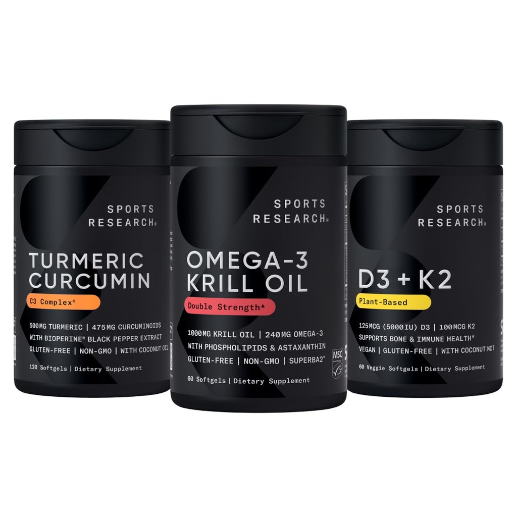 Sports Research Antarctic Krill Oil Omega 3 1000mg (s fosfolipidy, Choline & Astaxanthin), Turmeric Curcumin C3 Complex (s bioperine Black Pepper & Coconut Oil) a rostlinného vitaminu D3 + K2