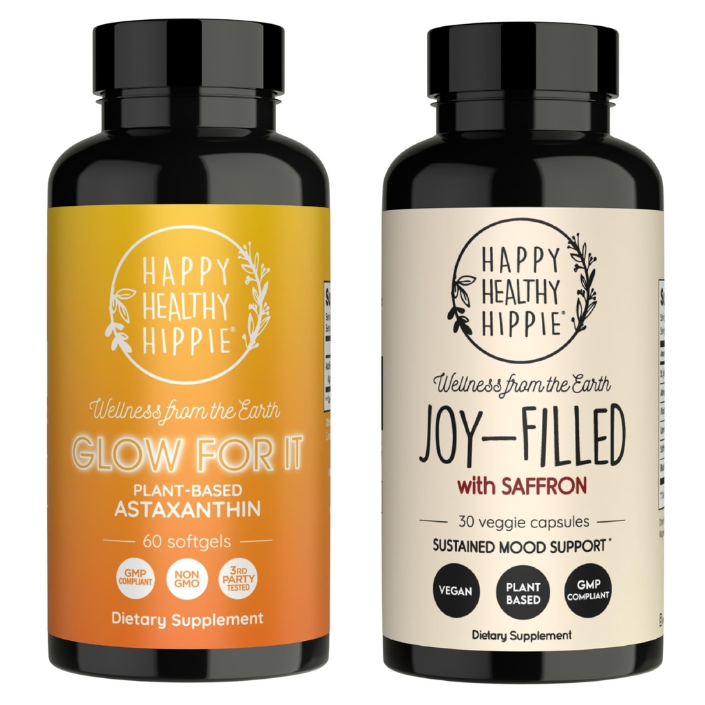 Šťastný zdravý hippie Joy- naplněn Saffron Mood Support Dodatek & Glow pro to Astaxathin dodatek