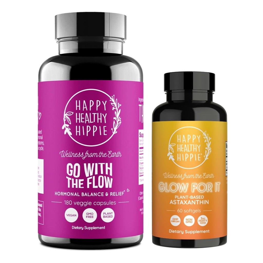 Šťastný zdravý hippie záblesk pro to Astaxanthin dodatek & jít s Flow Hormon Balance pro ženy 180ct