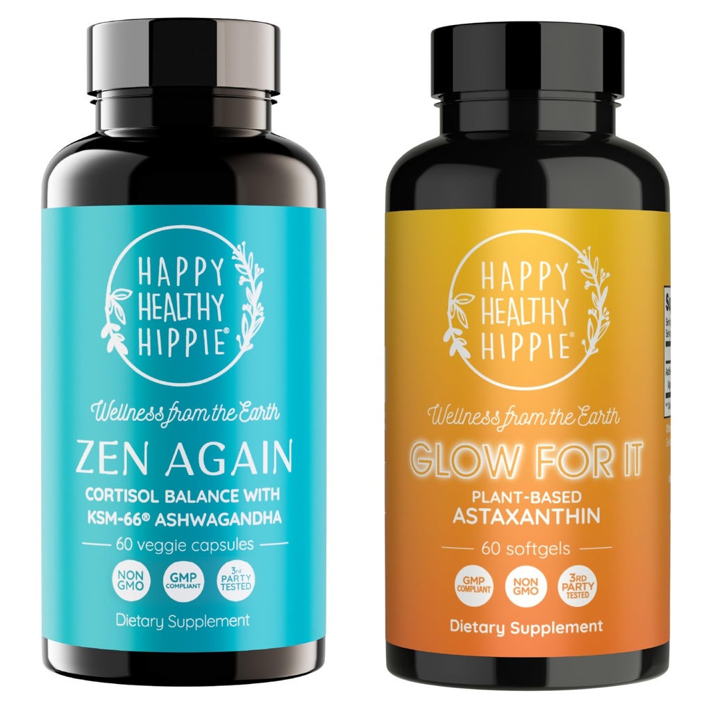 Šťastný zdravý hippie záblesk pro to Astaxanthin dodatek & Zen opět Cortisol Manager