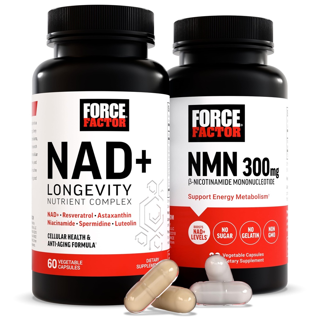 Force faktor NMN dodatek, NAD + (NMN nebo Nicotinamid Riboside Alternative) s Resveratrol, Astaxanthin, spermidin & Luteolin komplex, NAD na podporu buněčné zdraví a zdravé stárnutí, 60 Kapsle