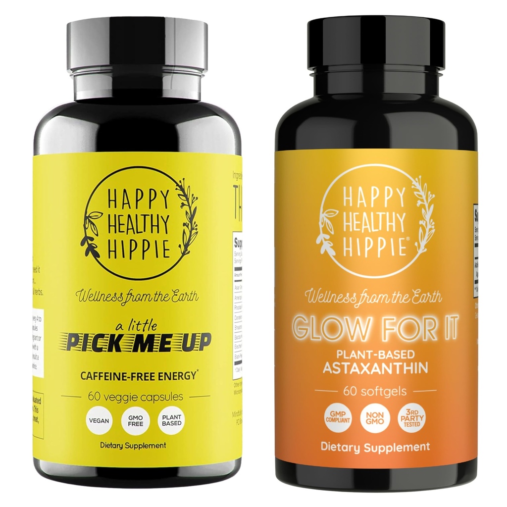 Šťastný zdravý hippie záblesk pro to Astaxanthin dodatek & A Little Pick Me Up Natural Energy Pills