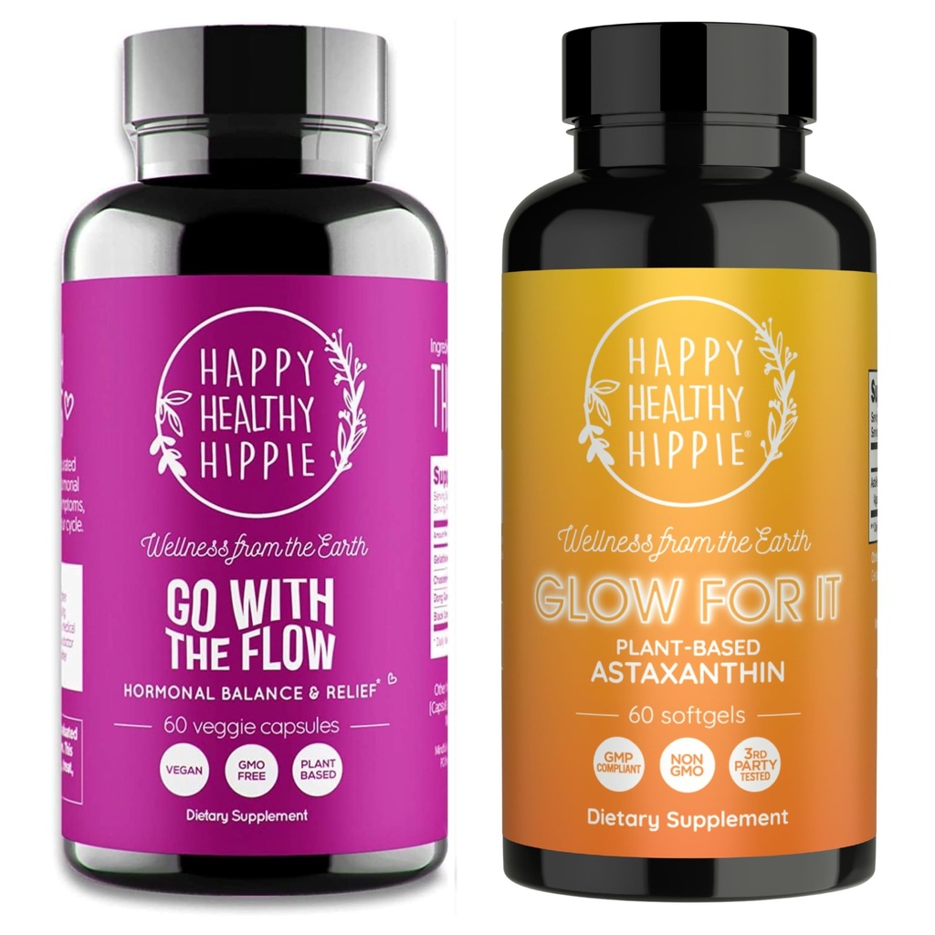 Šťastný zdravý hippie záblesk pro to Astaxanthin dodatek & jít s Flow Hormon Balance pro ženy