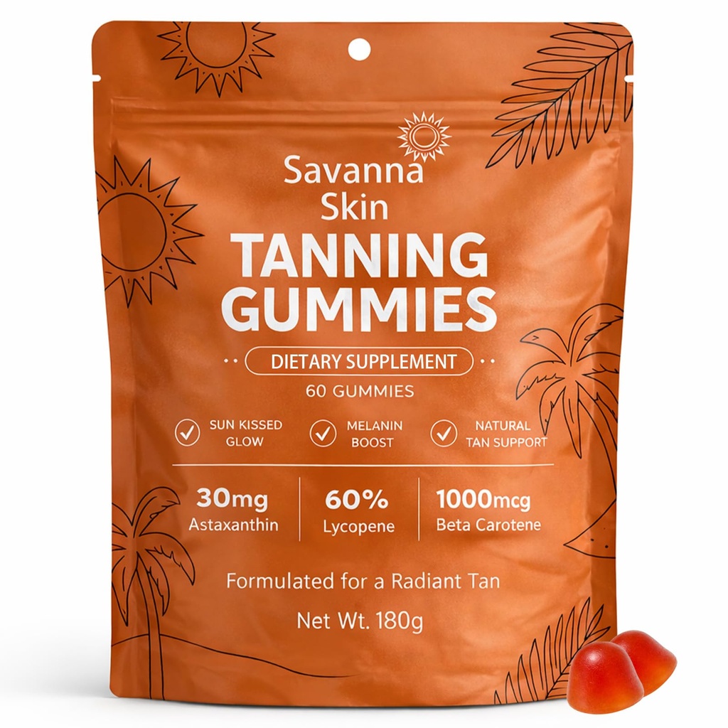 Savanna Skin Tanning Gummies, s vitaminem C & E, Astaxanthin, Beta karoten, kožní záření a hydratace pro přírodní vzhled záře, bronzové, non-GMO, Vegan & Sugar Free - 60 Počet (1)