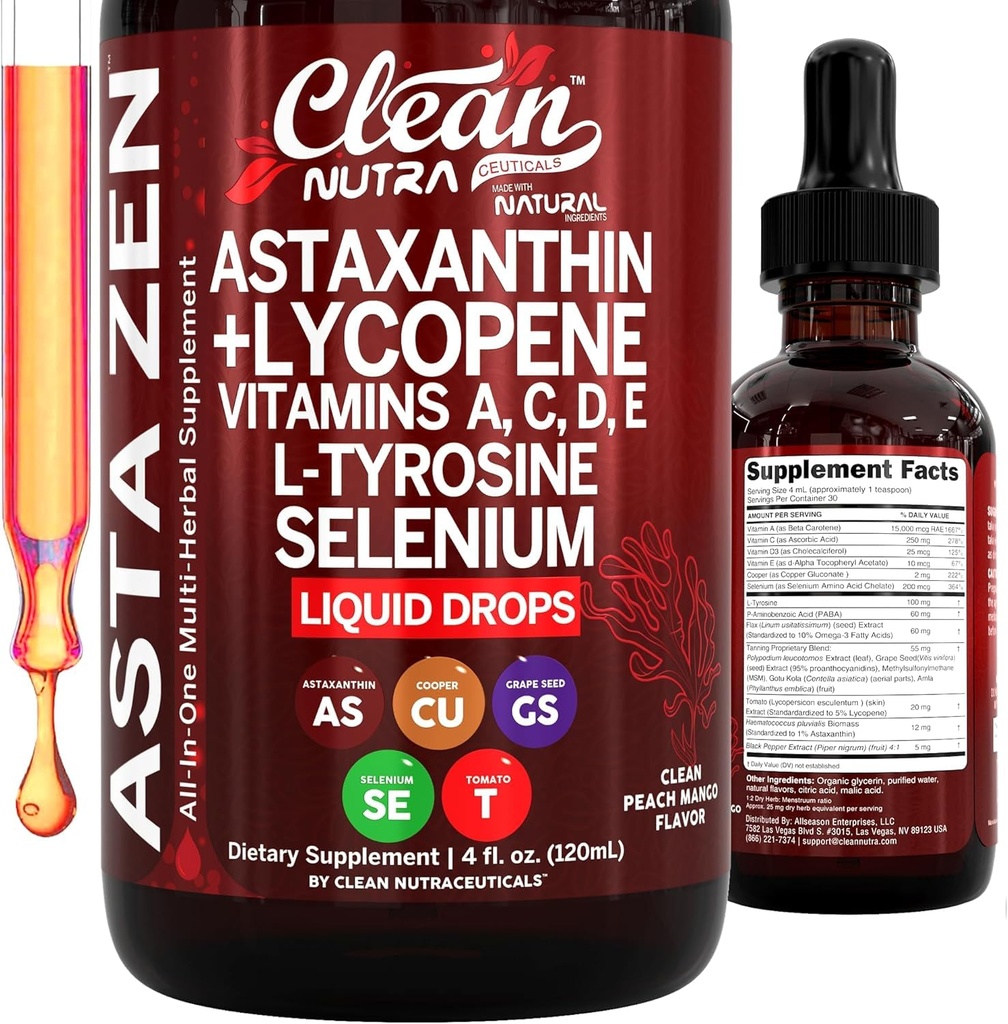 Clean Nutra Astaxanthin Lycopene Liquid Kapky Absorpční podpora Vitamíny A C D E 4 fl oz - Potent Natural D3 C E A & Selenium L- Tyrosin Formule Čistá antioxidant Směs Vylepšený Nutrient