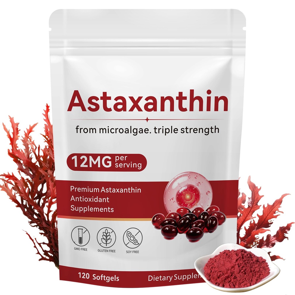 Astaxanthin 12mg, 120 Softgels, Premium Astaxanthin Antioxidant dodatek podporuje oko, kůže zdraví, imunitní, vnitřní oběh