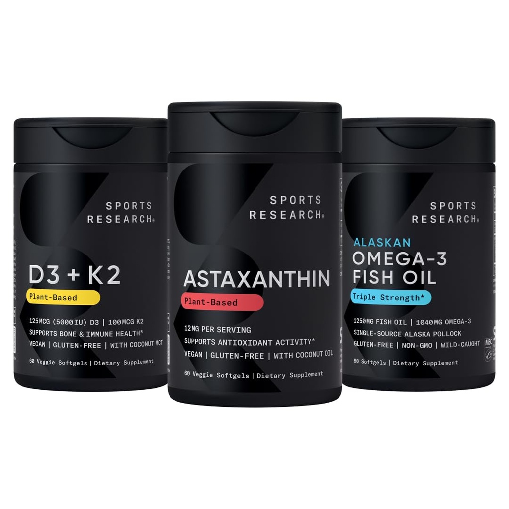 Sport Research ® Antioxidant Support Pack w / Triple Strength Vegan Astaxanthin dodatek z Řasy, Omega33 Fish Oil 1250mg, a Vitamin D3 5000iu & Mk7 Vitamin K2 s kokosem MCT Olej