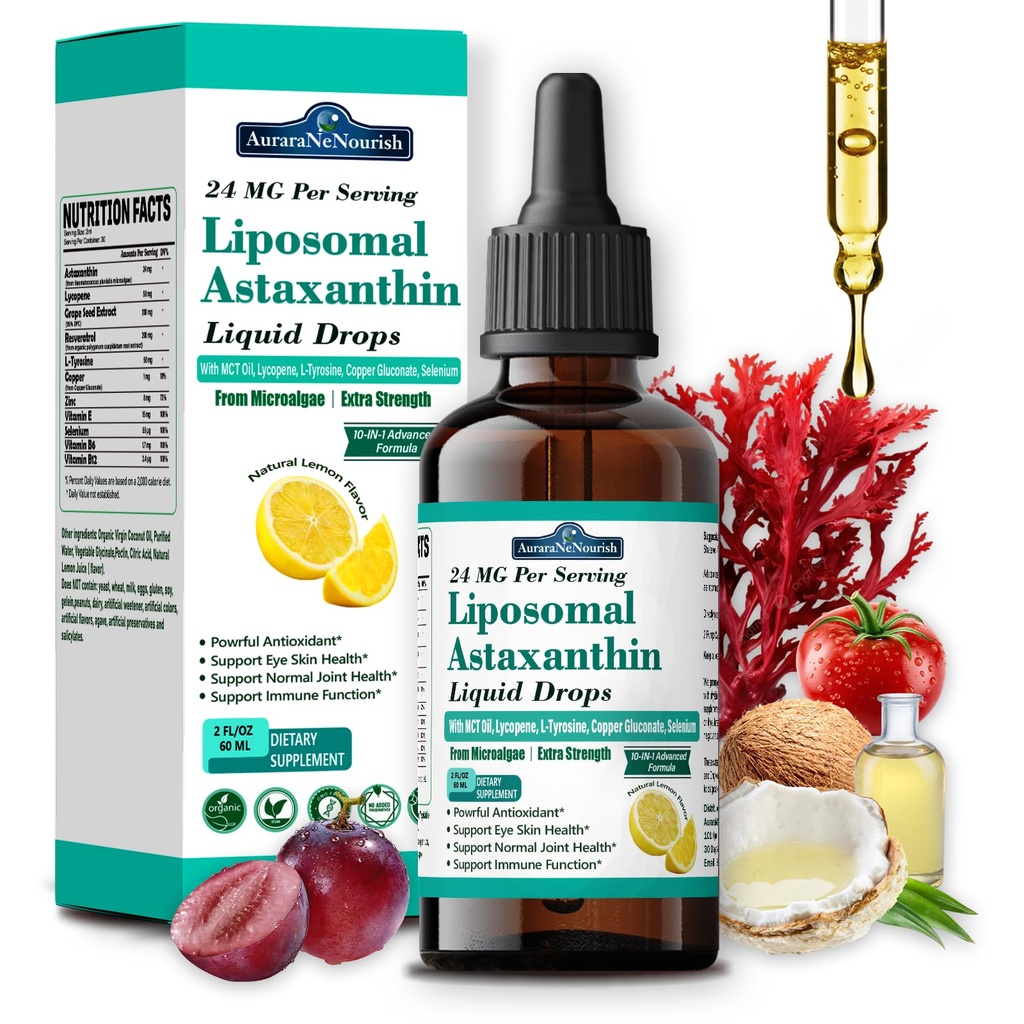 Lipozomální Astaxanthin 24mg Liquid Drops, 11- in-1 Antioxidant s MCT Oil, Lycopene & Organic Coconut Oil, Čerstvý zdroj mikrořas, Podporuje oční kůže Společné zdraví pro ženy a muže, Lemon Flavors
