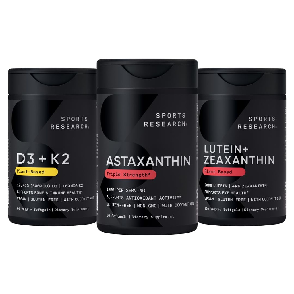 Sports Research ® Antioxidant Support Pack w / Astaxanthin 12mg, Vitamin D3 5000iu + K2 100mcg a Lutein 20mg + Zeaxanthin 4mg doplňky - Vegan Certified · Non- GMO · Gluten & Soy Free