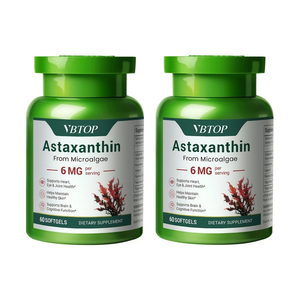 2 Lahvičky Astaxanthin 6 mg, Premium Astaxanthin dodatek s antioxidační aktivitou, podporuje oko, kůže, kloub, a imunitní systém zdraví. Čerstvé mikrořasy Zdroj, Non- GMO, bez gluten- bez - 120 softgelů
