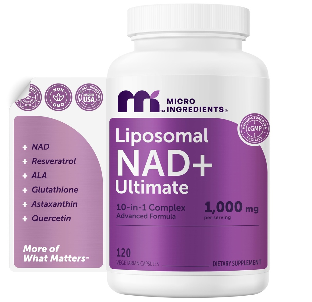 Micro Ingredients Liposomální NAD + Ultimate Complex 1.000mg PHARMAR 124; 120 Veggie Kapsle PHARMAL 124; NMN Pathway Formule PHARMAL 124; 10- in-1 s Resveratrol, Glutathione, & Astaxanthin PHARMAL 124; NAD dodatek pro ženy a muže
