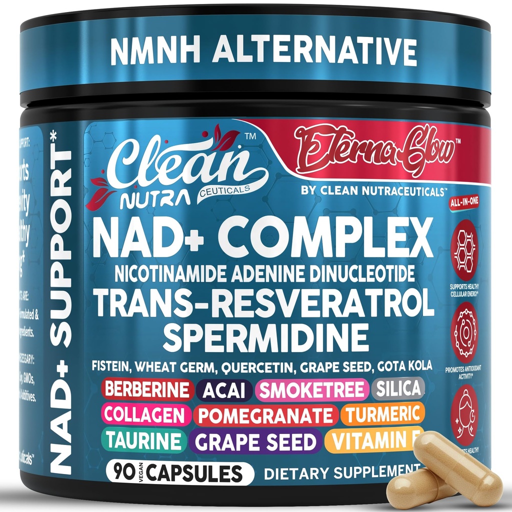 NAD Resveratrol dodatek Spermidine Fisetin Quercetin Grape Seed Gotu Kola Berberine Astaxanthin Tauine Pomegranate Acai Anti Aging Longevity Kapsle pro ženy muži EternaGlow by Clean Nutra 90ct