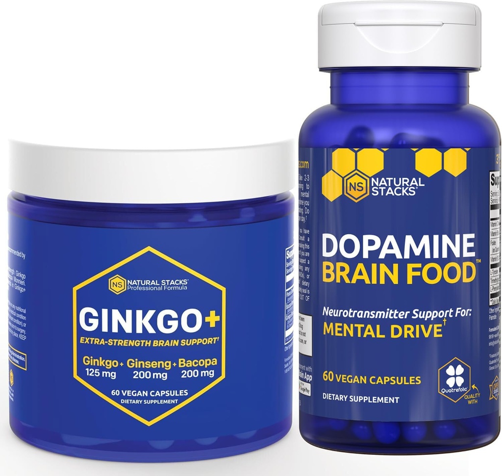 NATURAL STACKS Ginkgo Biloba + Dopamin Brain Food Bundle - Podporuje Focus & Mental Drive * - 120 Celkové kapsle