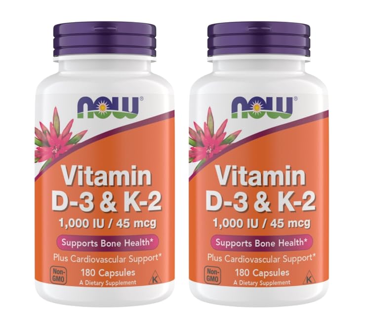 Nyní doplňky Vitamin D3 K2, 1000 IU / 45 mcg, Kardiovaskulární podpora, Podporuje kostní zdraví, 180 Vegetariánské kapsle - Vegan, gluten zdarma, Kosher vitamin D3 a K2 doplňky (2)