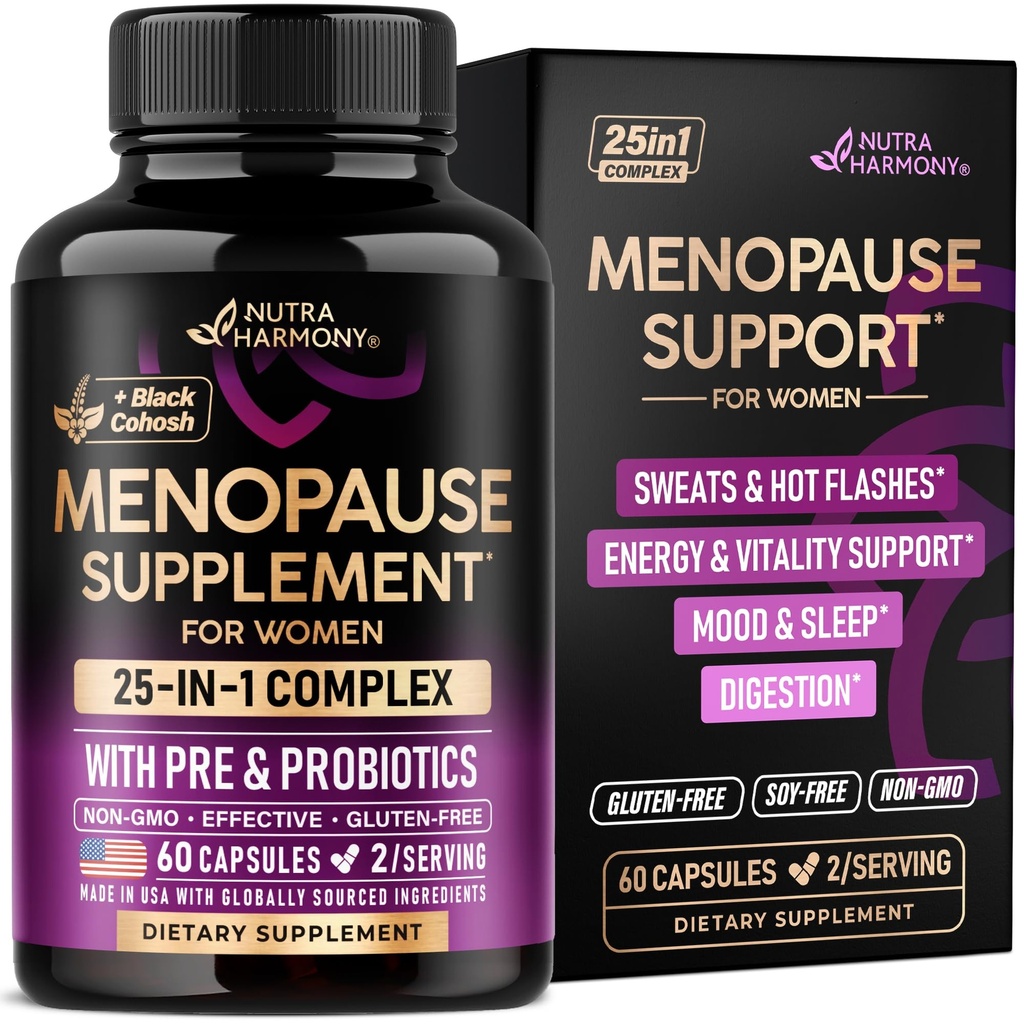Menopauza Doplňky pro ženy - Dong Quai, Black Cohosh, Pre & Probiotika - Pocení a návaly horka Relief - Digestion, Sleep & Mood Support - 25- in-1 Perimenopauza Complex - Made in USA - 60 Kapsle