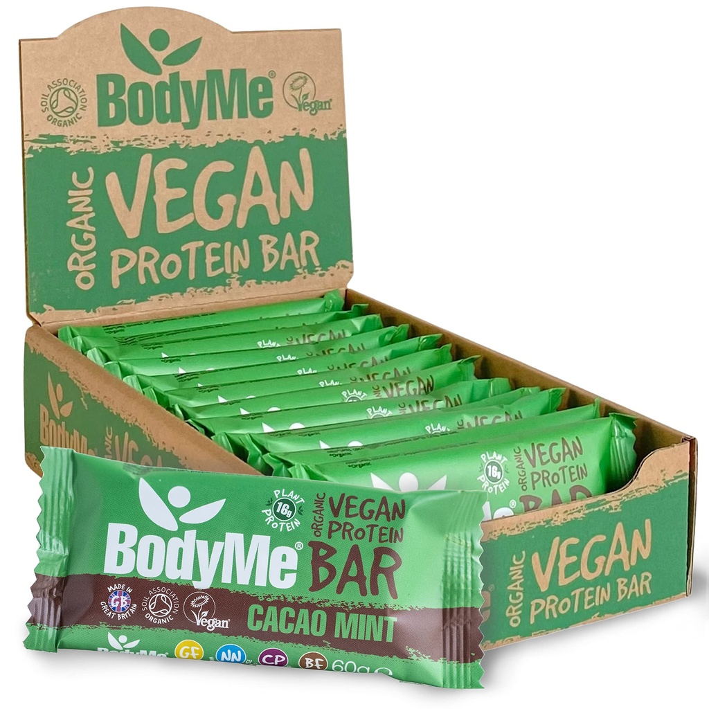 BodyMe Organic Vegan Protein Bar CARL 124; Raw Cacao Mint CARL 124; Box of 12 x 2.12oz (60g) CARL 124; with 3 Plant Proteins