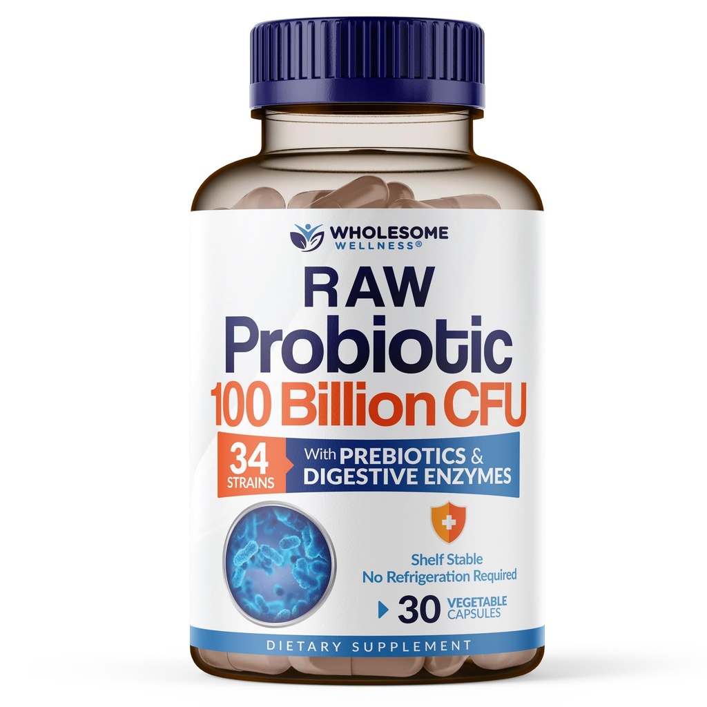 Zdravé Wellness Organic Raw Probiotika 100 miliard CFU, Dr. Vhodné pro ženy a muže, Kompletní doplněk pro dospělé s prebiotika a trávicí enzymy; 30 Kapsle, Stabilní