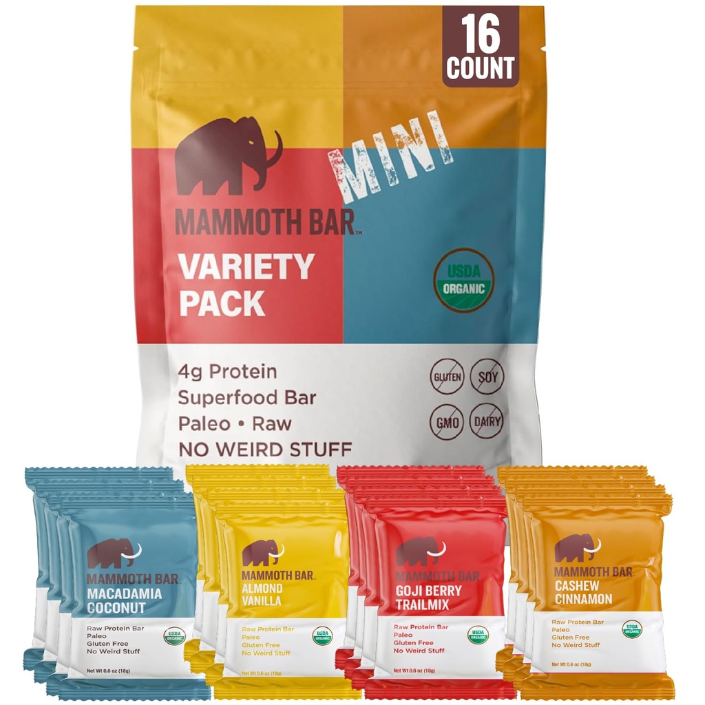 Mamut Bar Mini - Variety Pack našich mini organické proteinové bary - Vyrobeno s Premium Ořechy & Vegg White Protein • Organic • Paleo • Gluten zdarma • GMO zdarma • Syrové - 16 Mini bary