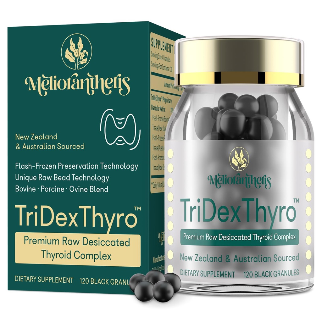 Příplatek za štítnou žlázu - TriDexThyro ™ Surový komplex štítné žlázy 375 mg s hovězím, vepřovým a ovčím masem - 120 Kapsle pro ženy a muže 1 balení